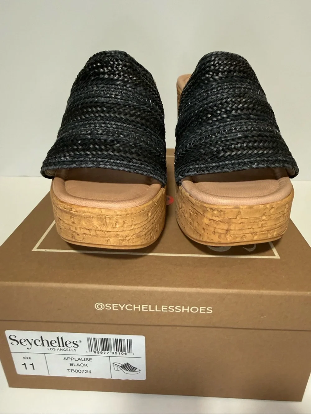 Seychelles Black Woven Cork Platform Mules